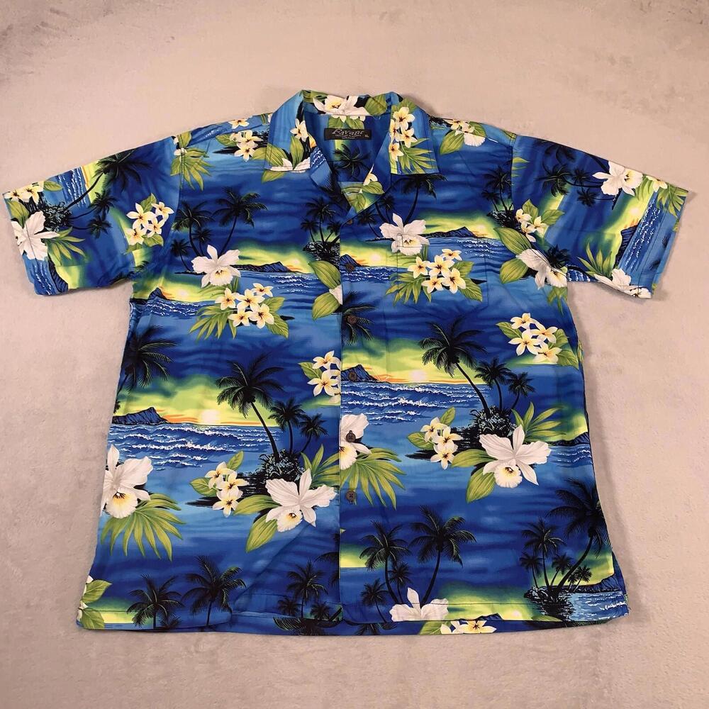 Vintage Favant Hawaiian Camp Shirt Mens XL‎ Blue With Green Floral Print AOP 90s